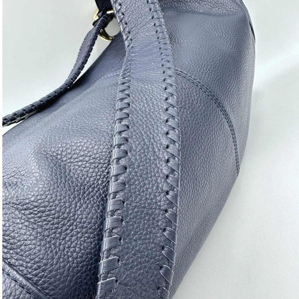 Onna Ehrlich Rachel Navy Blue Pebbled Leather Fold-Over Bag Tassel ASO Cam Diaz